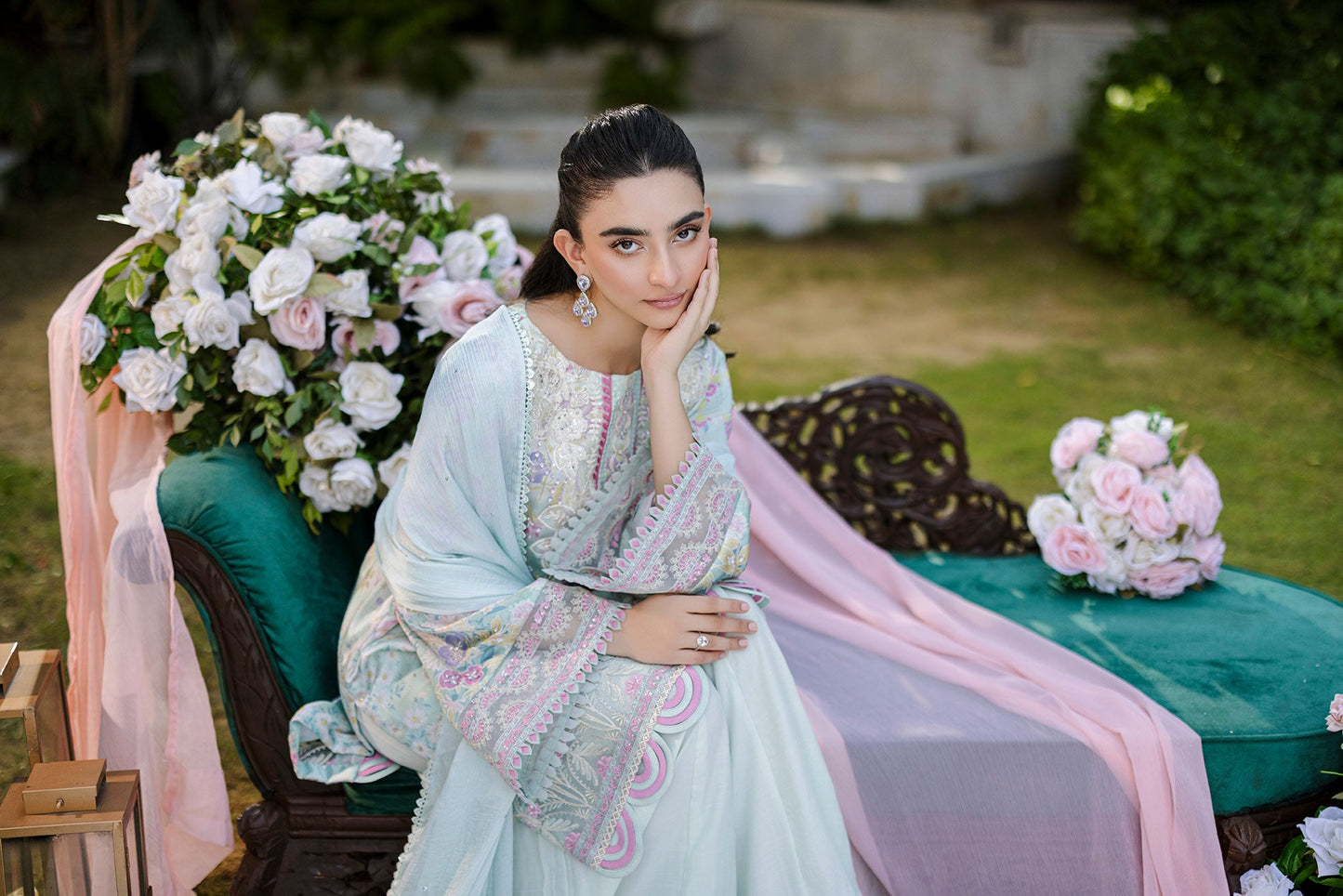 Dhanak | Silk Pret | Silk Tunic - 2PCS HAND EMBELLISHED SHIRT WITH TROUSER- L-GREEN
