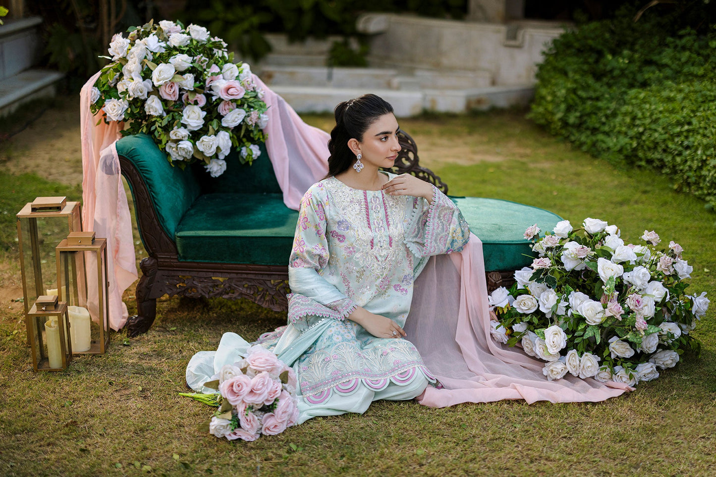 Dhanak | Silk Pret | Silk Tunic - 2PCS HAND EMBELLISHED SHIRT WITH TROUSER- L-GREEN