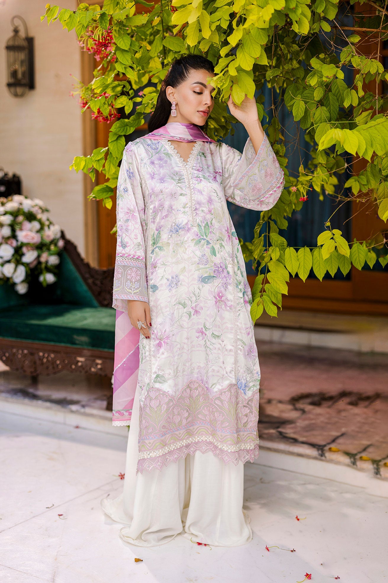 Dhanak | Silk Pret | Silk Tunic - 2PCS HAND EMBELLISHED SHIRT WITH TROUSER- OFF WHITE