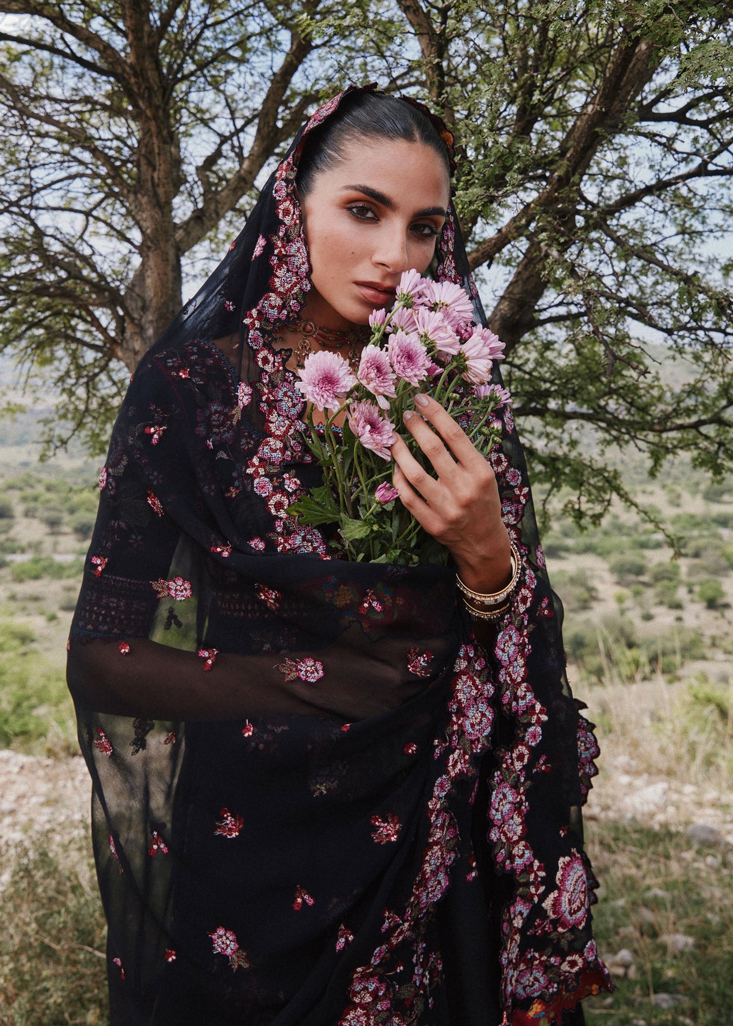 Hussain Rehar Kashmala | Black Cross-Stitch Panelled Pishwas Lawn Suit