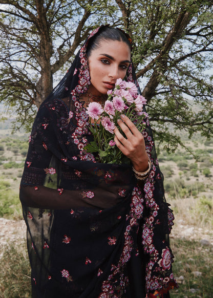 Hussain Rehar Kashmala | Black Cross-Stitch Panelled Pishwas Lawn Suit
