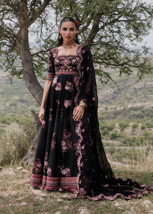 Hussain Rehar Kashmala | Black Cross-Stitch Panelled Pishwas Lawn Suit