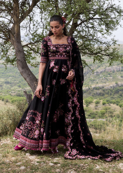 Hussain Rehar Kashmala | Black Cross-Stitch Panelled Pishwas Lawn Suit