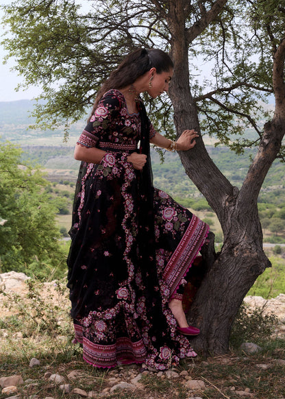 Hussain Rehar Kashmala | Black Cross-Stitch Panelled Pishwas Lawn Suit