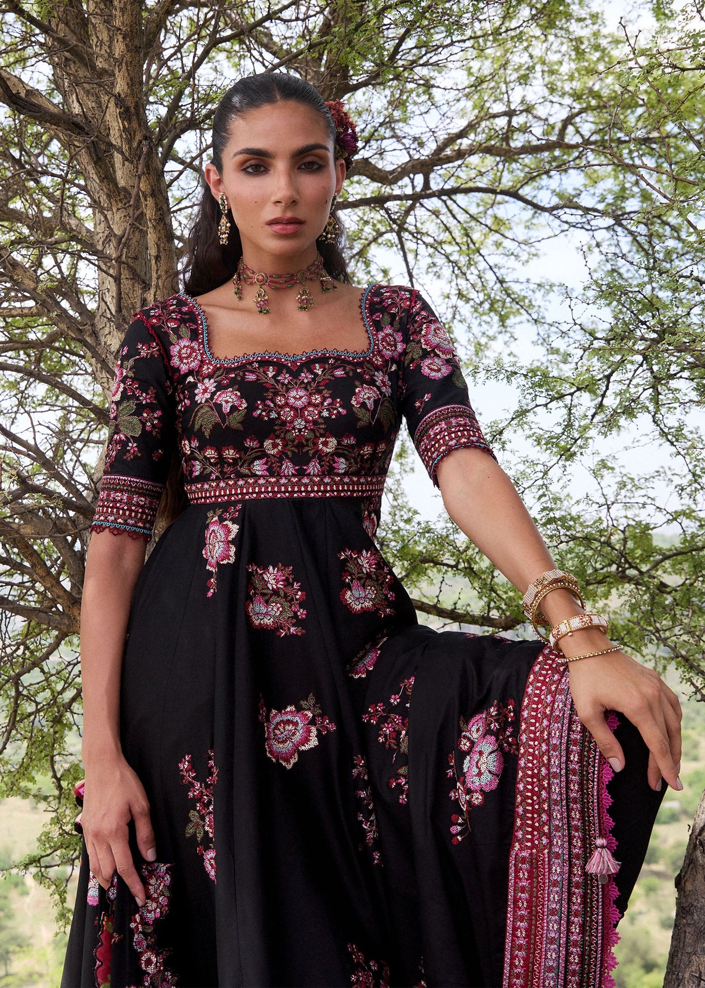 Hussain Rehar Kashmala | Black Cross-Stitch Panelled Pishwas Lawn Suit