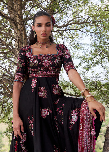 Hussain Rehar Kashmala | Black Cross-Stitch Panelled Pishwas Lawn Suit