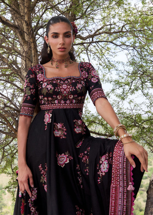 Hussain Rehar Kashmala | Black Cross-Stitch Panelled Pishwas Lawn Suit