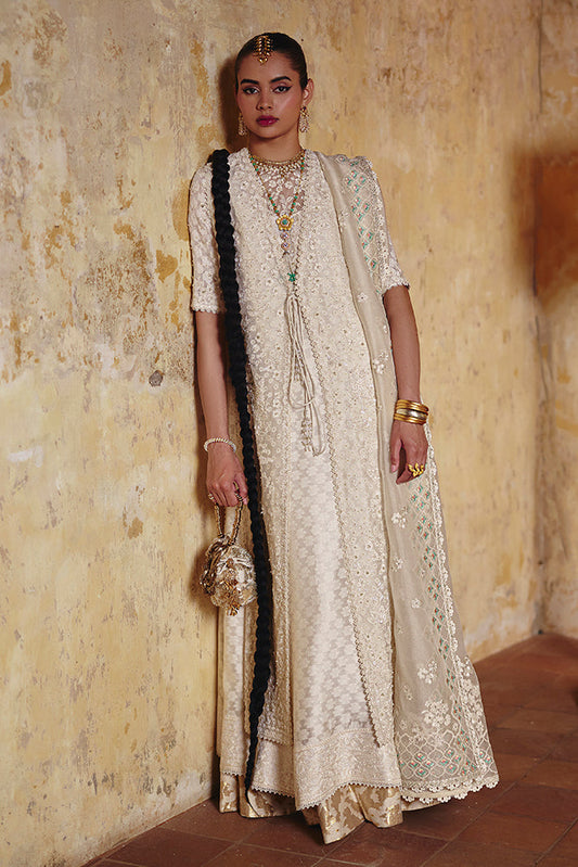 Suffuse Luvina ivory white layered jacket silk pret set — front view of Pakistani luxury pret outfit