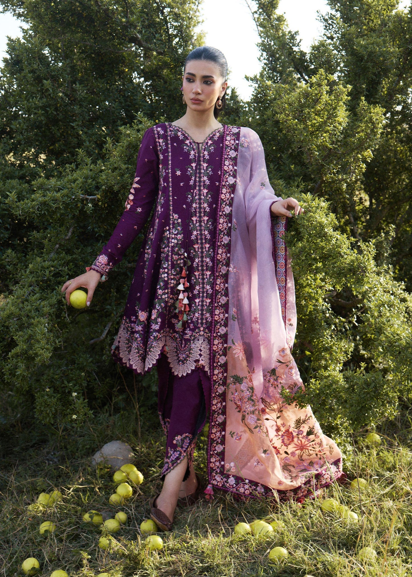 Hussain Rehar Lyla | Plum Panelled Peplum & Tulip Shalwar Lawn Suit