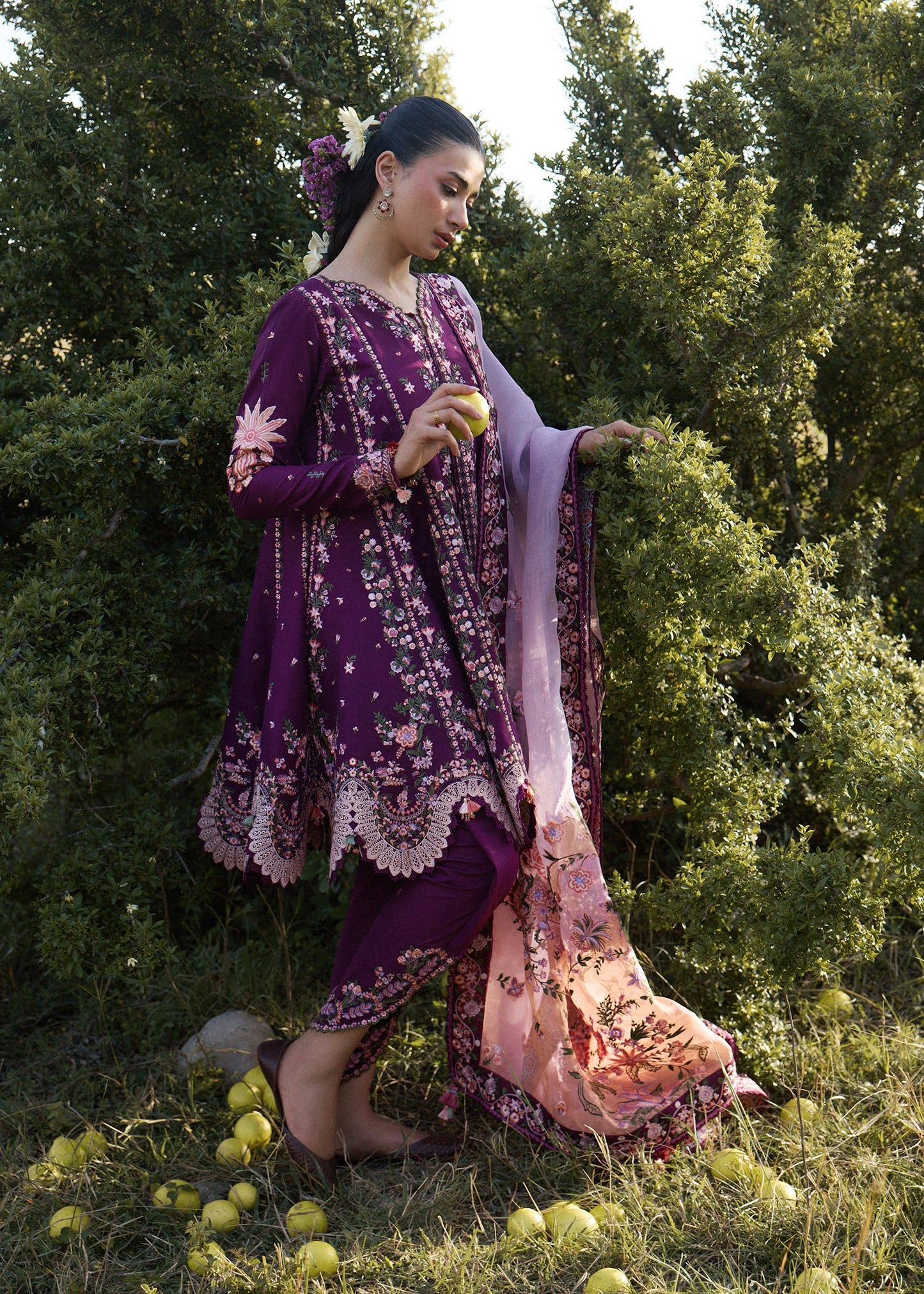 Hussain Rehar Lyla | Plum Panelled Peplum & Tulip Shalwar Lawn Suit