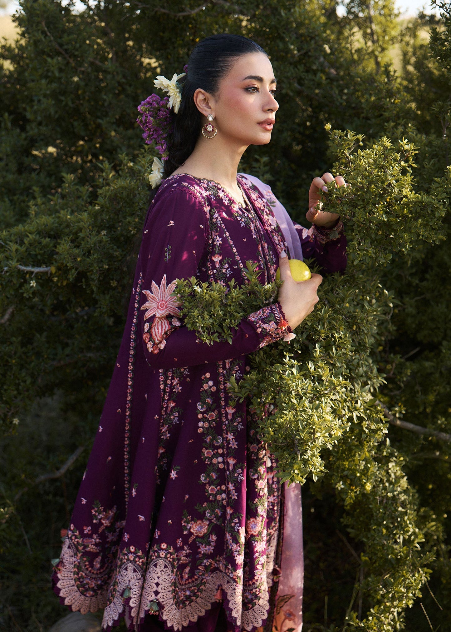 Hussain Rehar Lyla | Plum Panelled Peplum & Tulip Shalwar Lawn Suit
