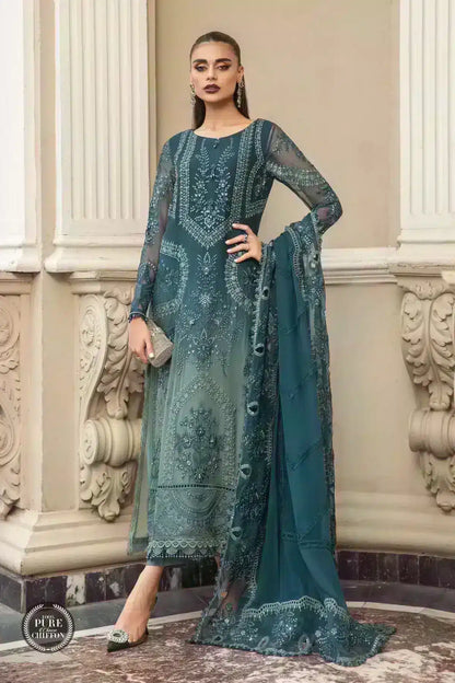 Maria B | Luxury Chiffon Collection | Teal Blue - House Of Anaya
