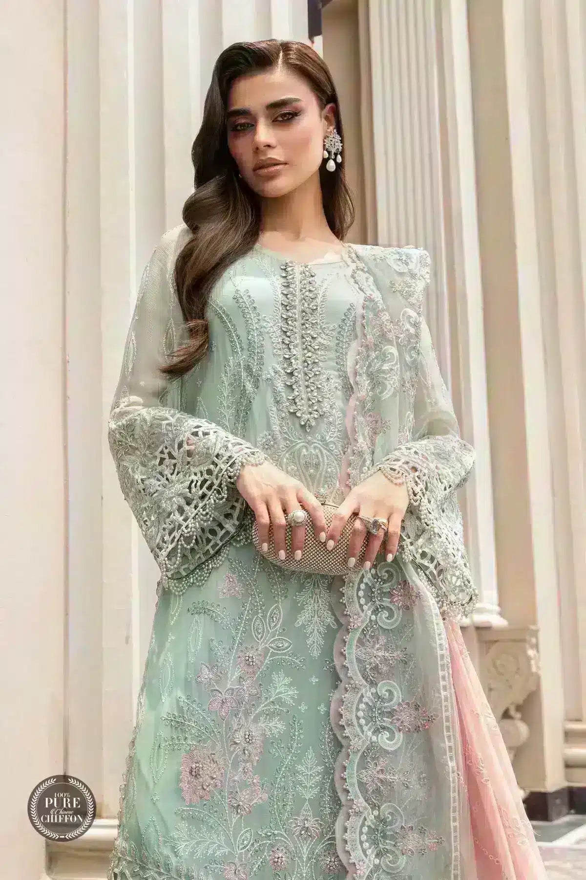 Maria B | Luxury Chiffon Collection | Mint Green - House Of Anaya