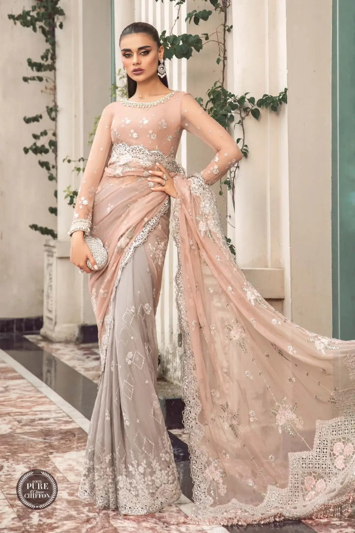 Maria B | Luxury Chiffon Collection | Peach And Black - House Of Anaya