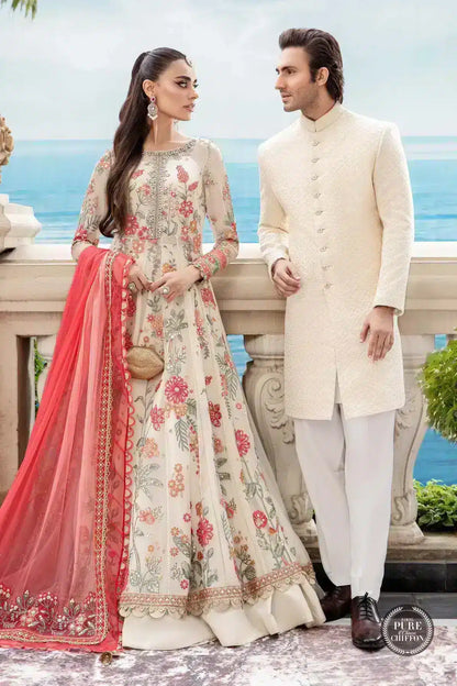Maria B | Luxury Chiffon Collection | Cloud White Floral - House Of Anaya