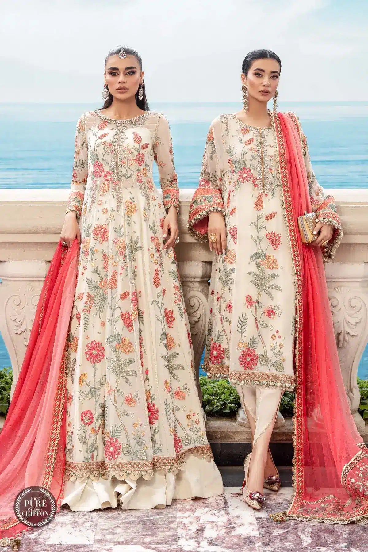 Maria B | Luxury Chiffon Collection | Cloud White Floral - House Of Anaya