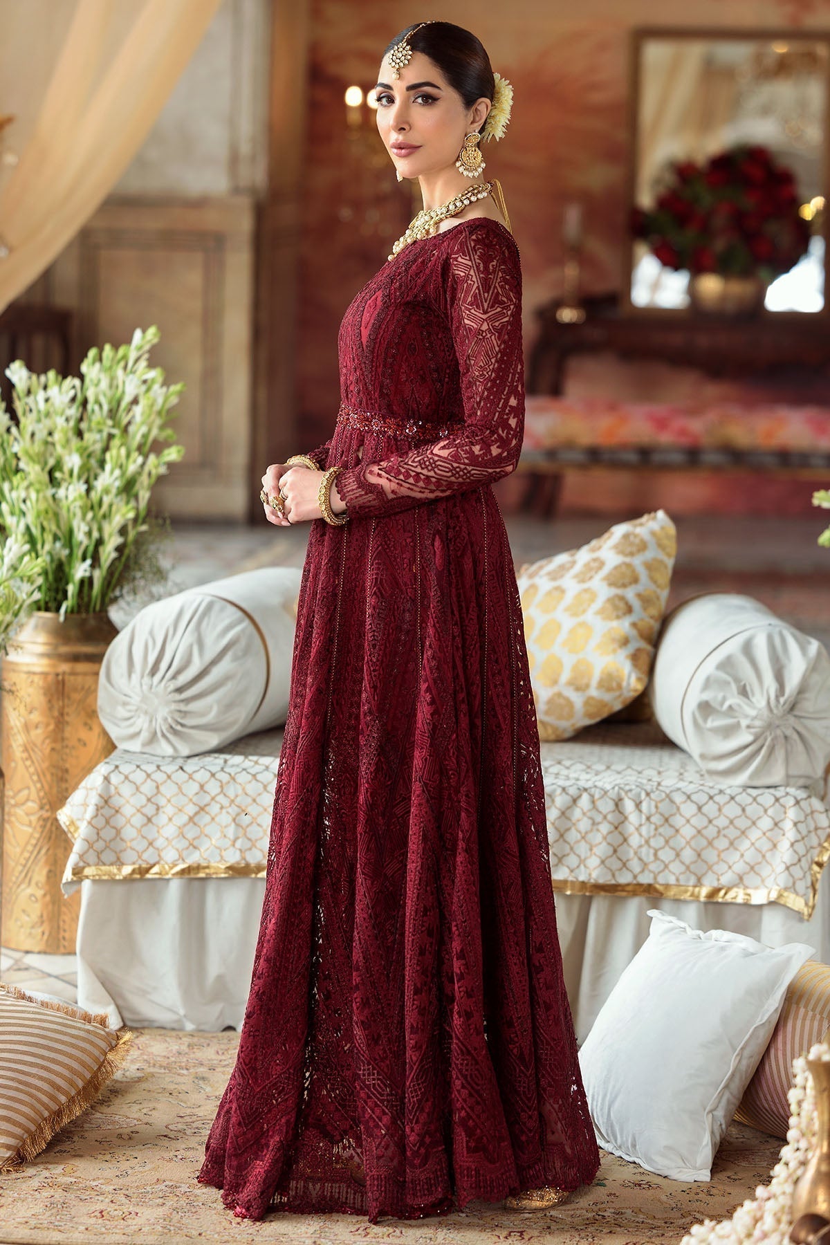 Motifz-2776-MAROON EMBROIDERED SILK NET FABRIC - Riwayat-e-khas