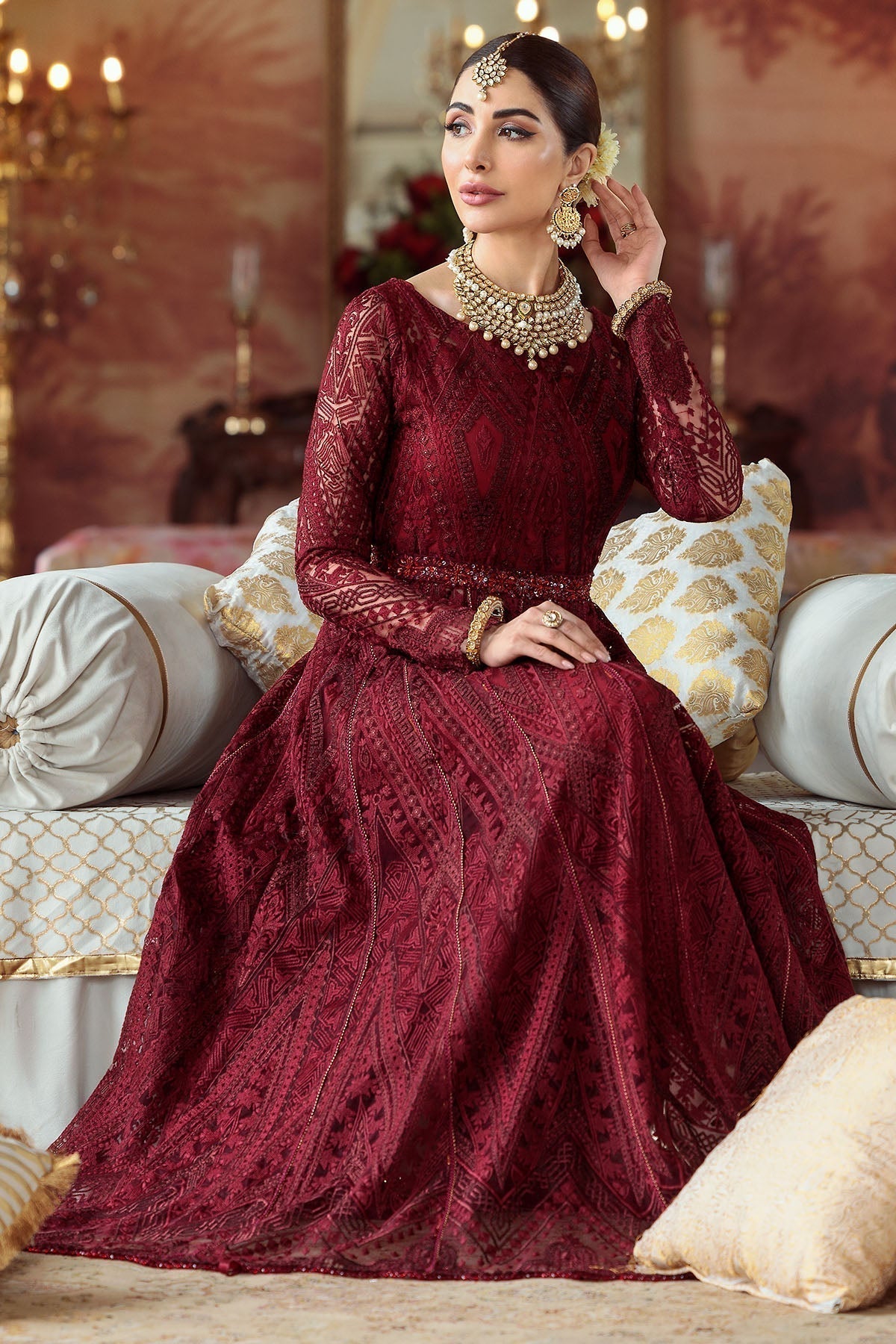 Motifz-2776-MAROON EMBROIDERED SILK NET FABRIC - Riwayat-e-khas