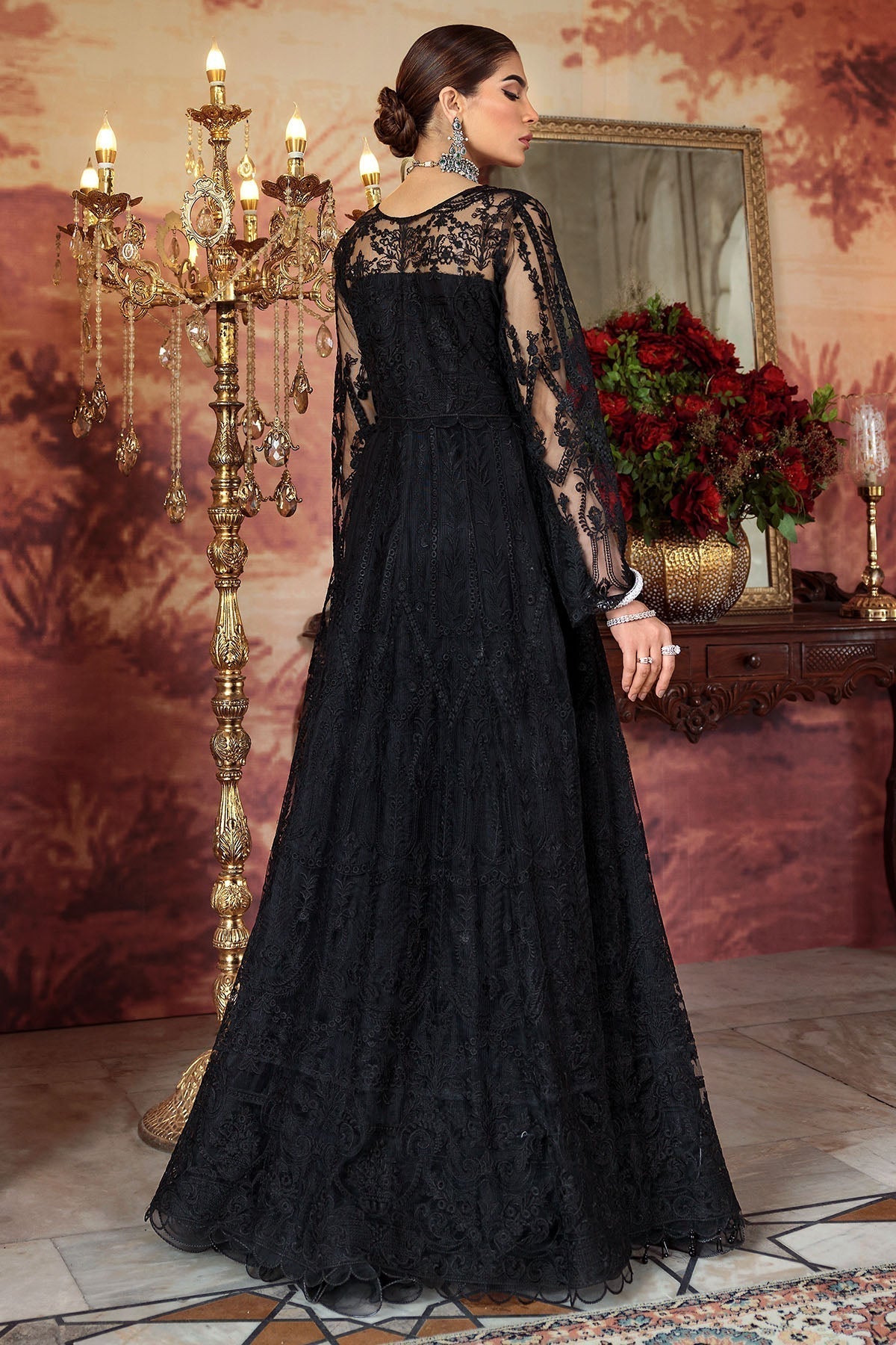 Motifz-2777-BLACK EMBROIDERED SILK NET FABRIC - Riwayat-e-khas