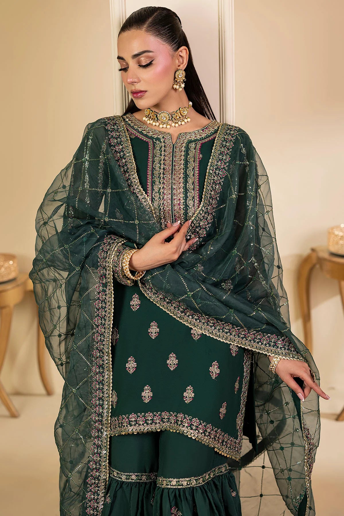 Motifz | EMBROIDERED CRINKLE CHIFFON | 5135-JADE