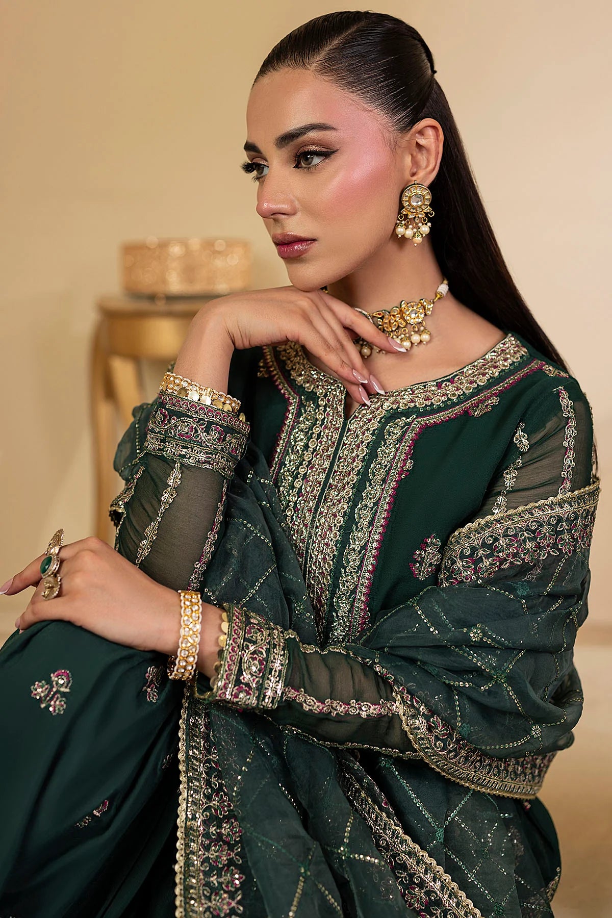Motifz | EMBROIDERED CRINKLE CHIFFON | 5135-JADE