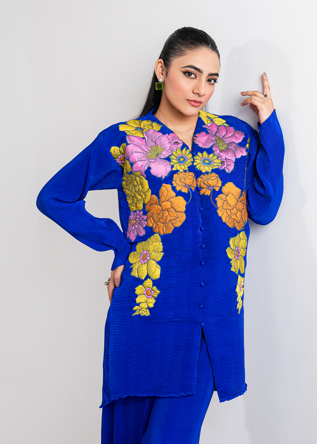 Maria Osama Khan | Claire Pleated Silk | Azure - House Of Anaya