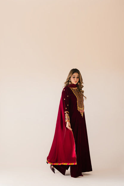 Sammy K | Velvet Festive Edit | Maroon Maxi velvet Outfit - House Of Anaya