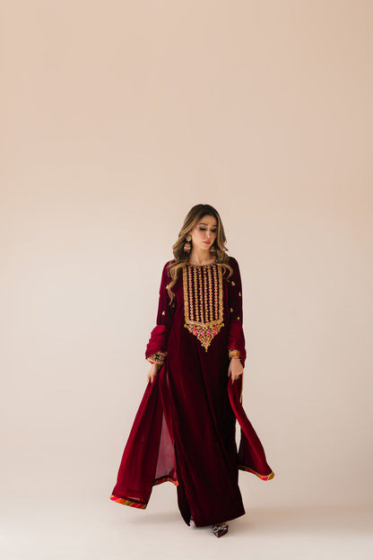 Sammy K | Velvet Festive Edit | Maroon Maxi velvet Outfit - House Of Anaya