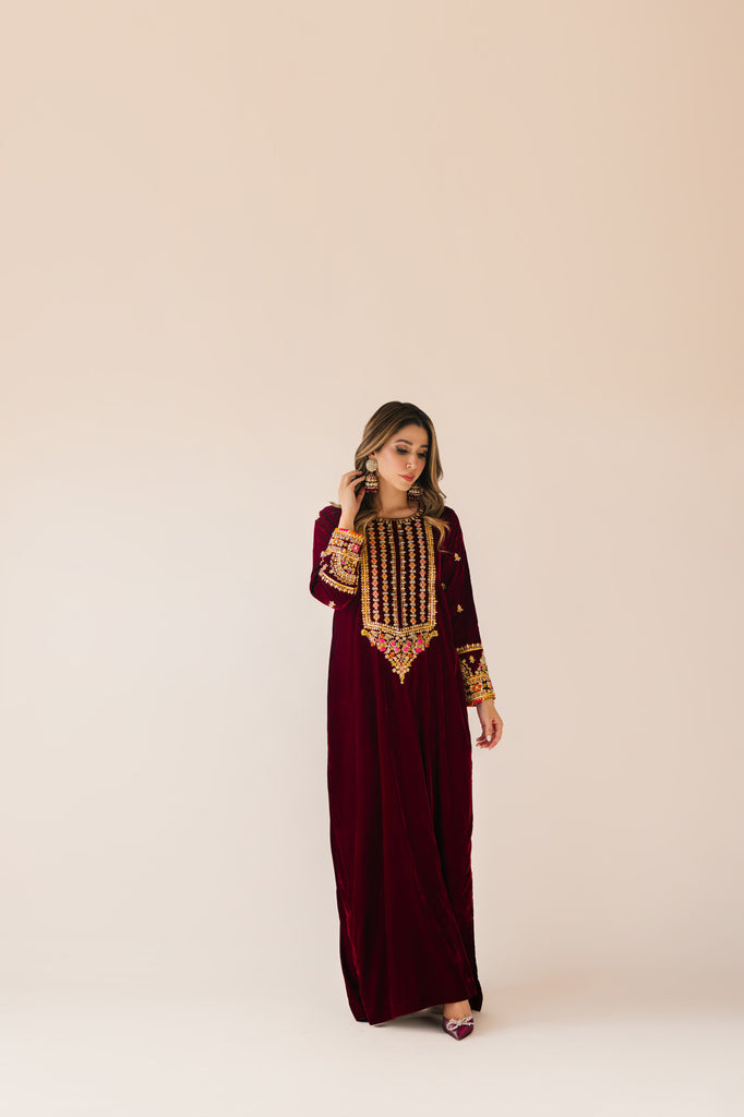 Sammy K | Velvet Festive Edit | Maroon Maxi velvet Outfit - House Of Anaya
