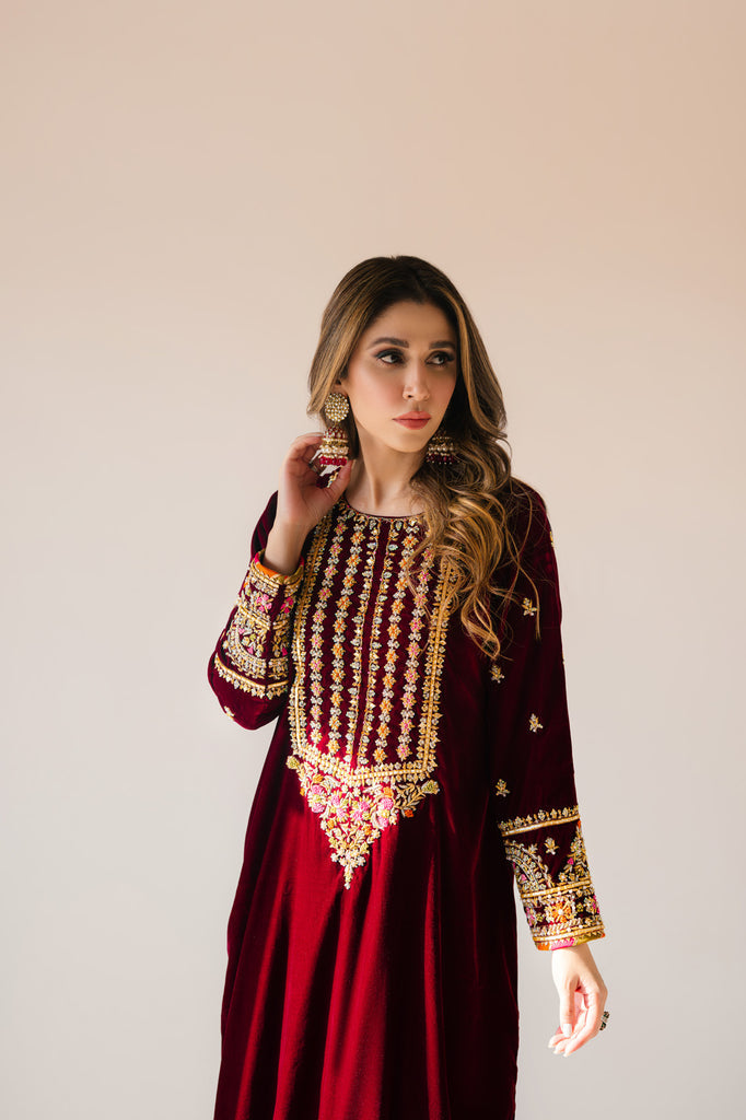 Sammy K | Velvet Festive Edit | Maroon Maxi velvet Outfit - House Of Anaya