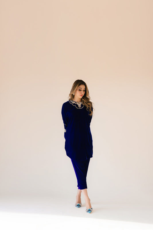 Sammy K | Velvet Festive Edit | Royal blue velvet Poncho Outfit - House Of Anaya