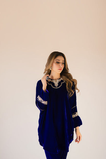 Sammy K | Velvet Festive Edit | Royal blue velvet Poncho Outfit - House Of Anaya