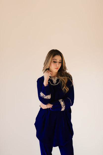 Sammy K | Velvet Festive Edit | Royal blue velvet Poncho Outfit - House Of Anaya