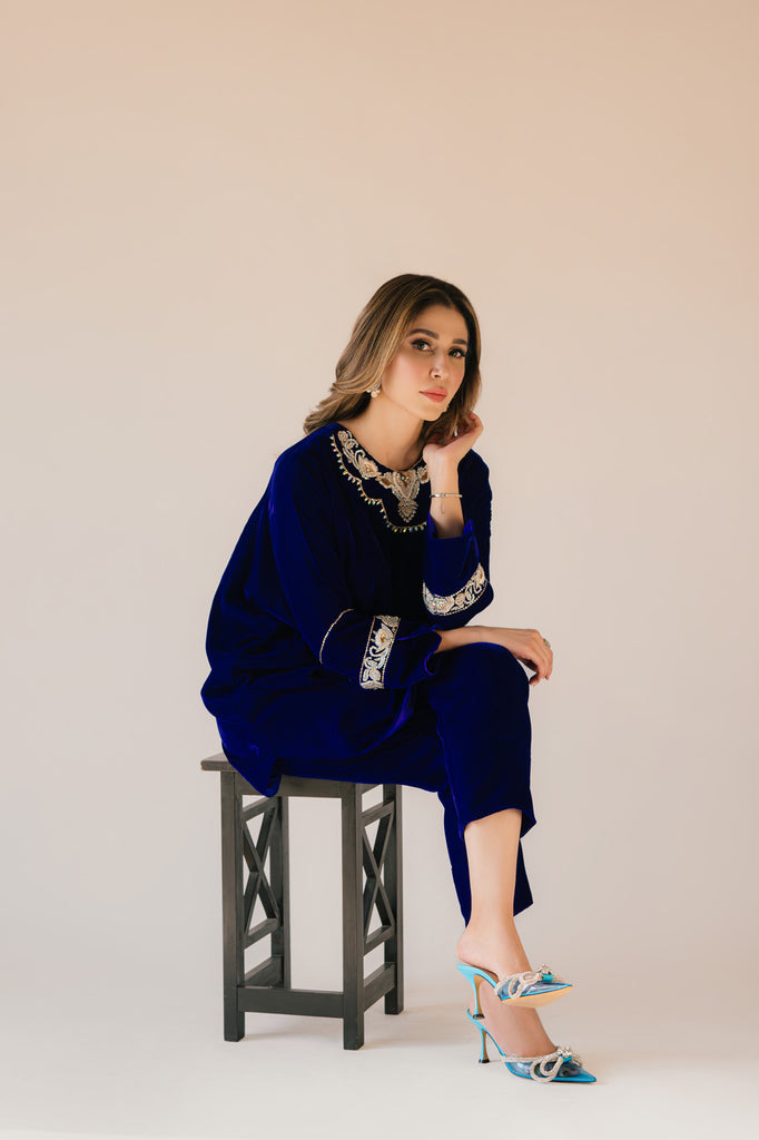 Sammy K | Velvet Festive Edit | Royal blue velvet Poncho Outfit - House Of Anaya