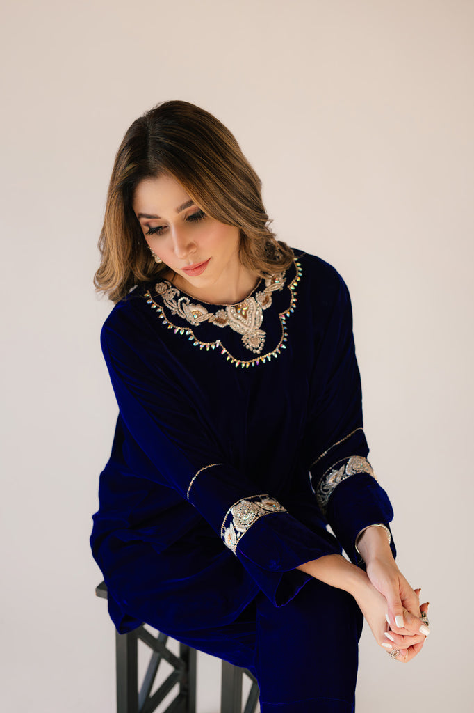 Sammy K | Velvet Festive Edit | Royal blue velvet Poncho Outfit - House Of Anaya