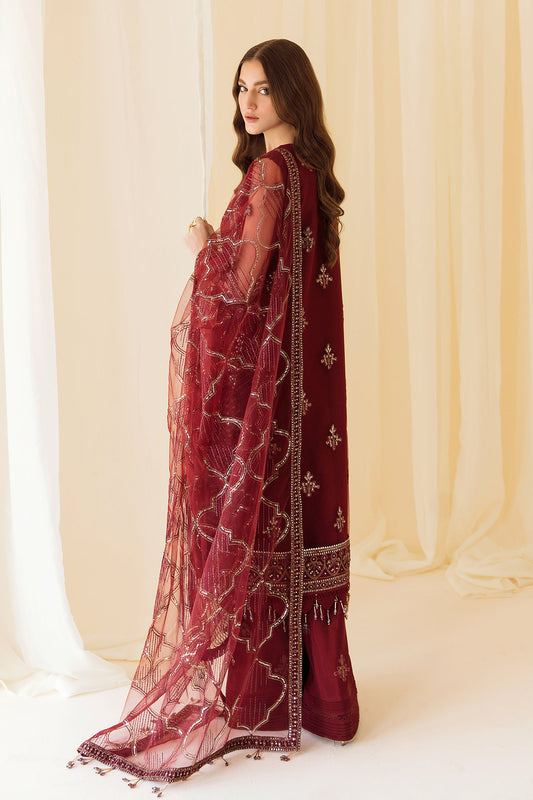Alizeh | Formals Collection | Embroidered Net Maroon - V14D08 - Raya - House Of Anaya