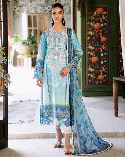 Roheenaz | Flora Printed Lawn | Azure - House Of Anaya