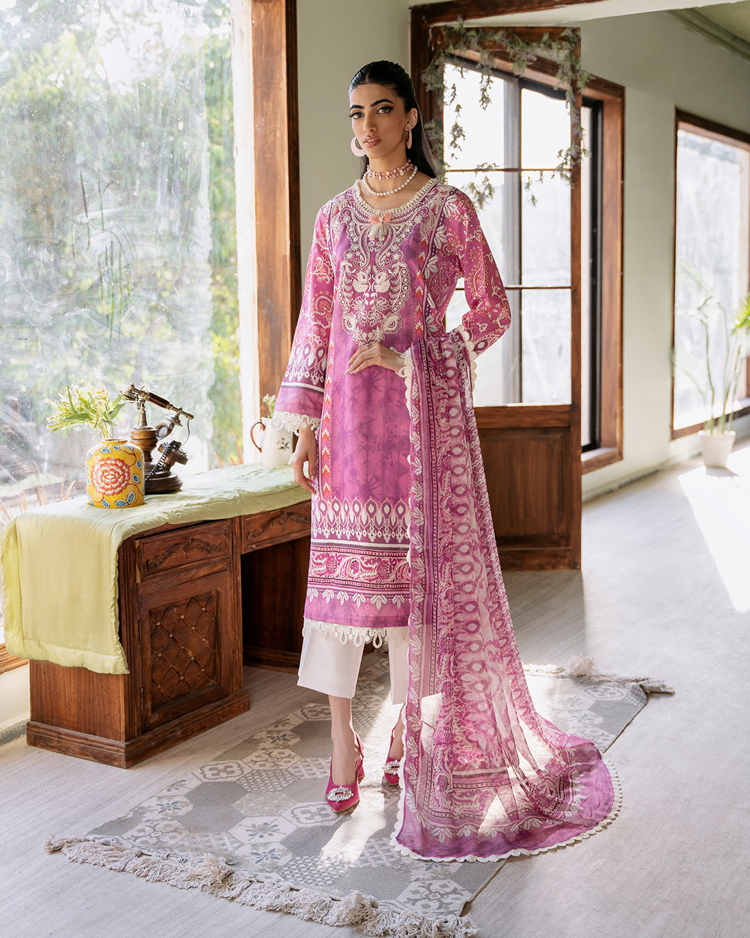 Roheenaz | Flora Printed Lawn | Amaranth - House Of Anaya