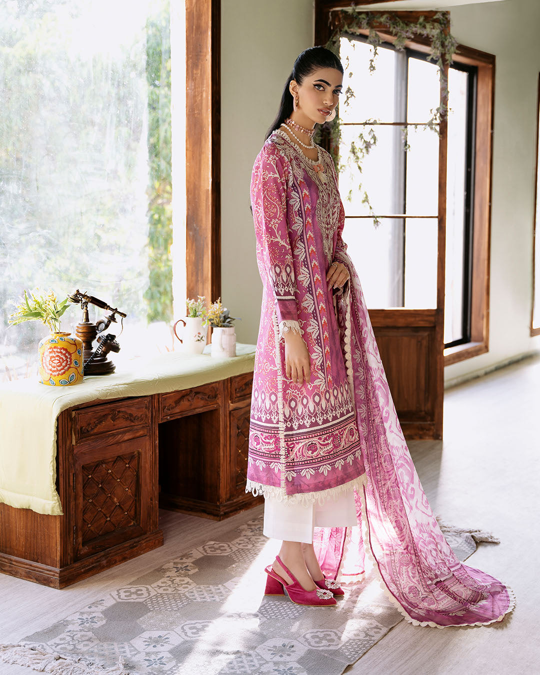 Roheenaz | Flora Printed Lawn | Amaranth - House Of Anaya