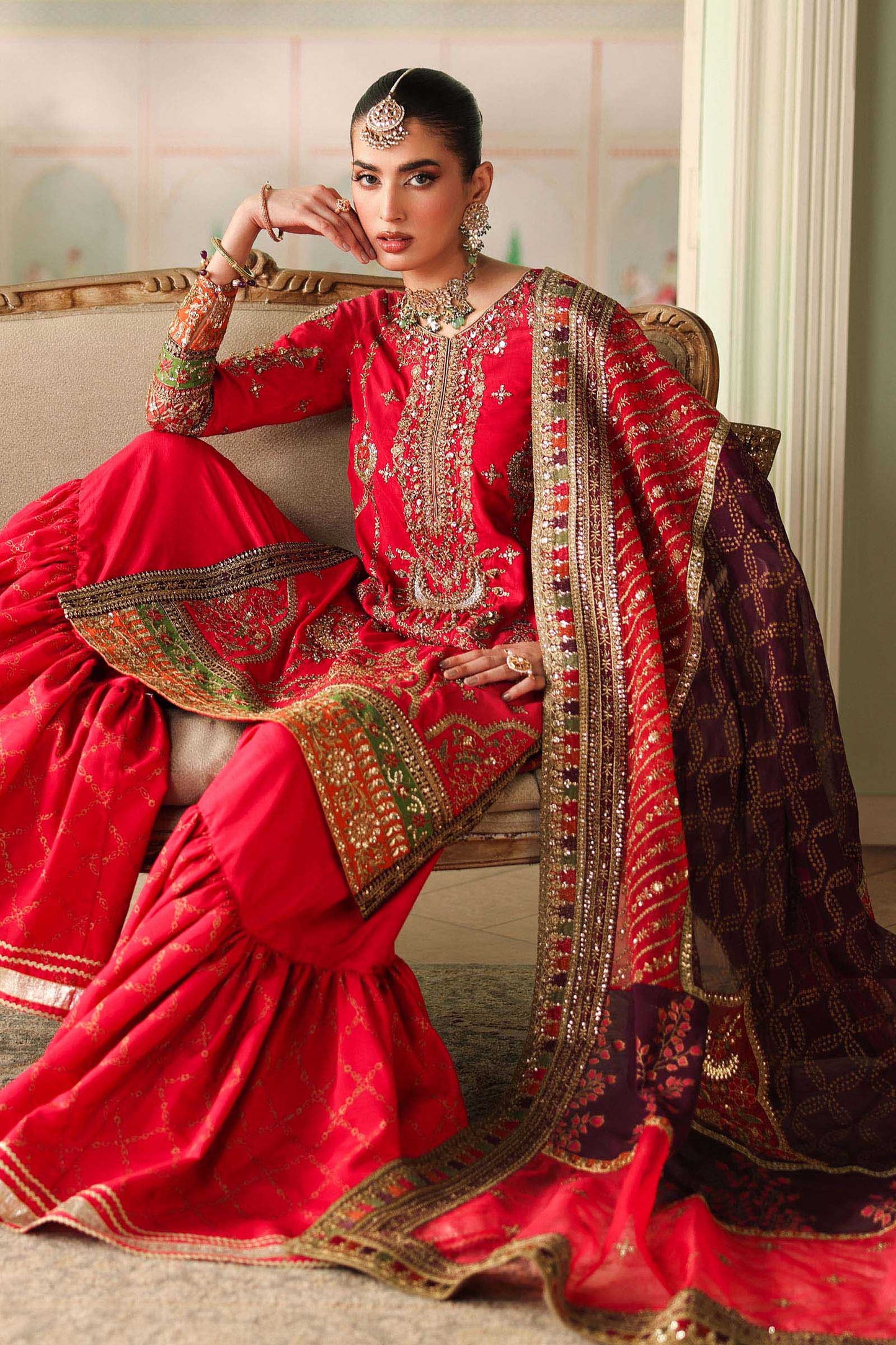 Maria B | Pre Fall Dresses | 3 Piece Embroidered Bamber Raw Silk Suit Carrot Pink