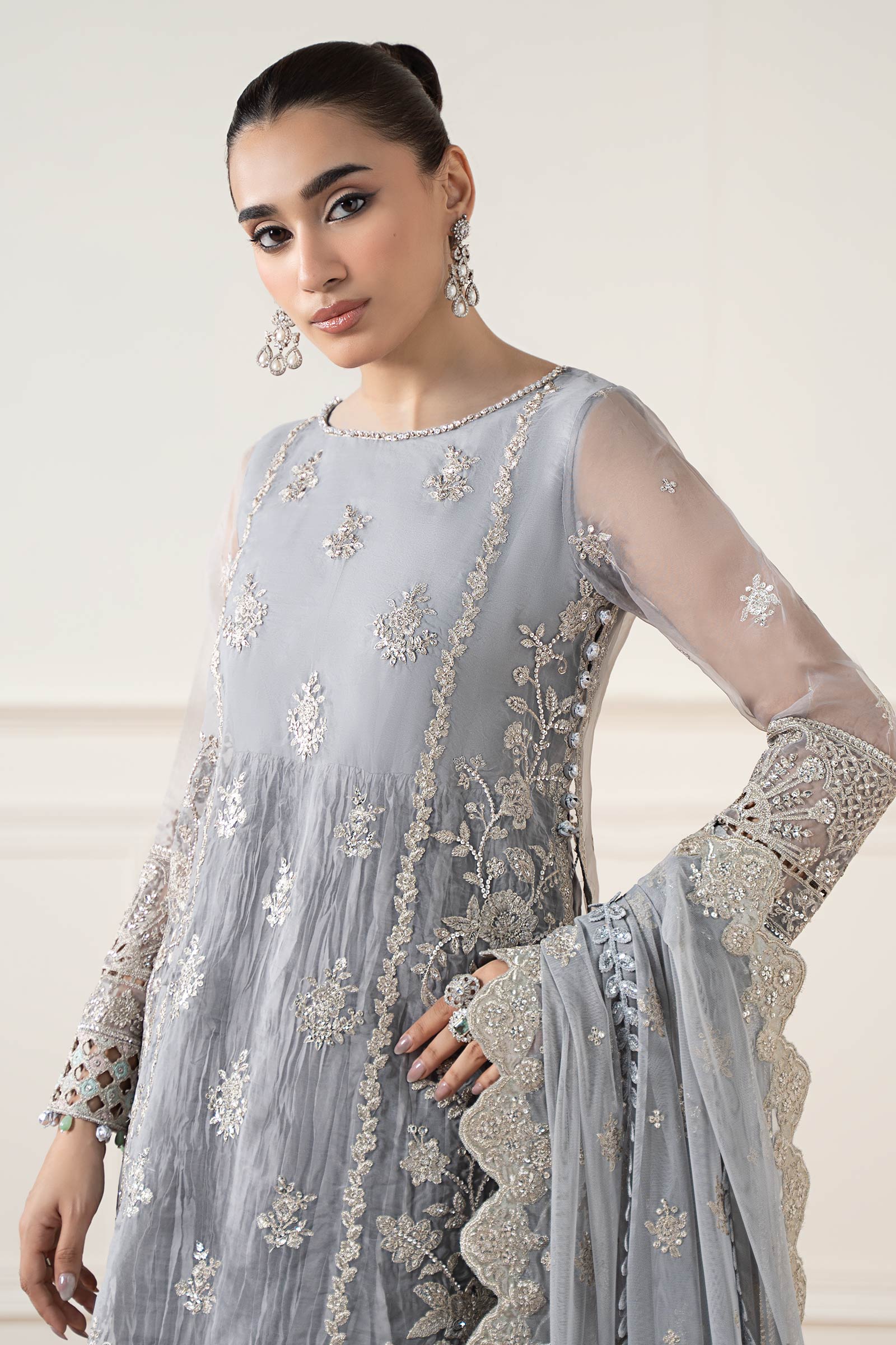 Maria B | Pre Fall Dresses | 3 Piece Embroidered Organza Suit Gray