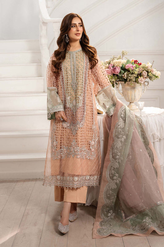 Maria B | Pre Fall Dresses | 3 Piece Embroidered Organza Suit Peach