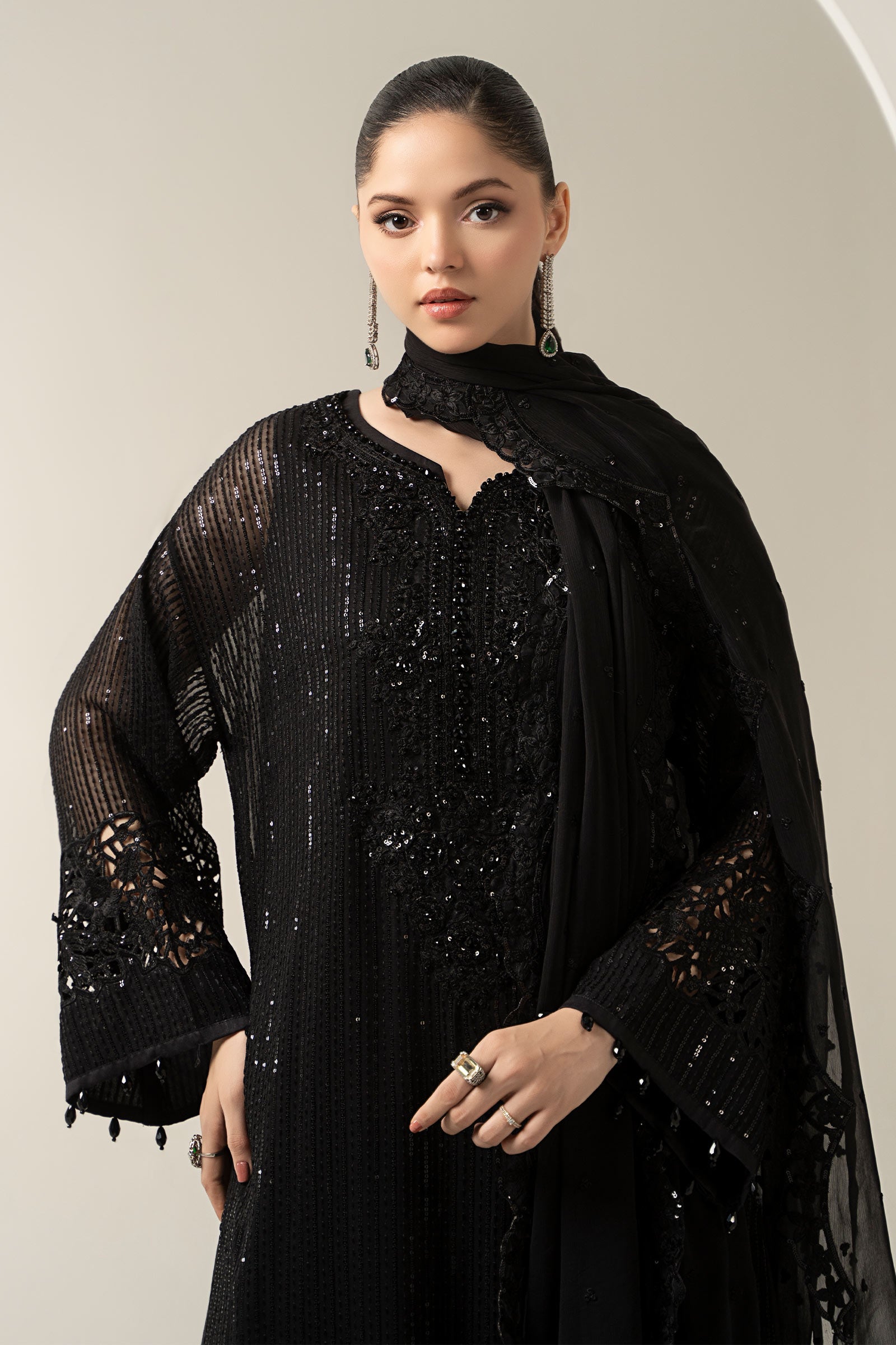 Maria B | Pre Fall Dresses | 3 Piece Embroidered Chiffon Suit Black