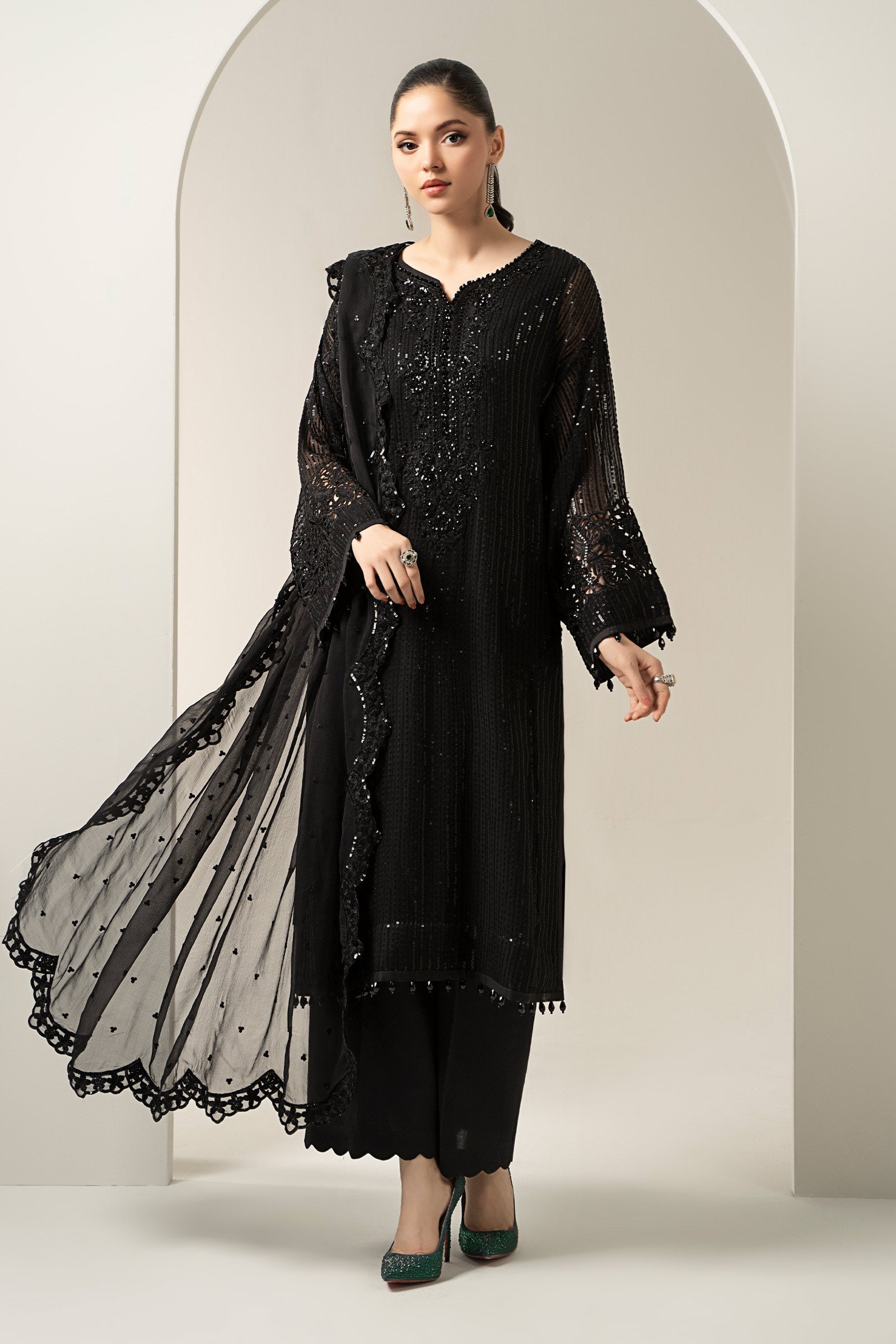 Maria B | Pre Fall Dresses | 3 Piece Embroidered Chiffon Suit Black