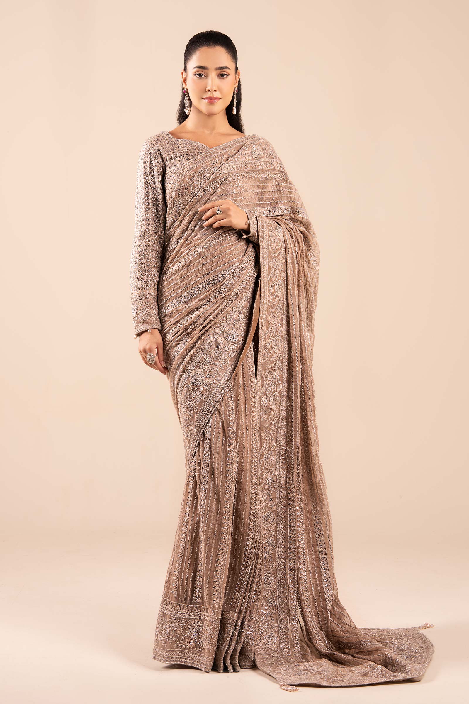 Maria B | Pre Fall Dresses | Embroidered Net Saree Light Skin