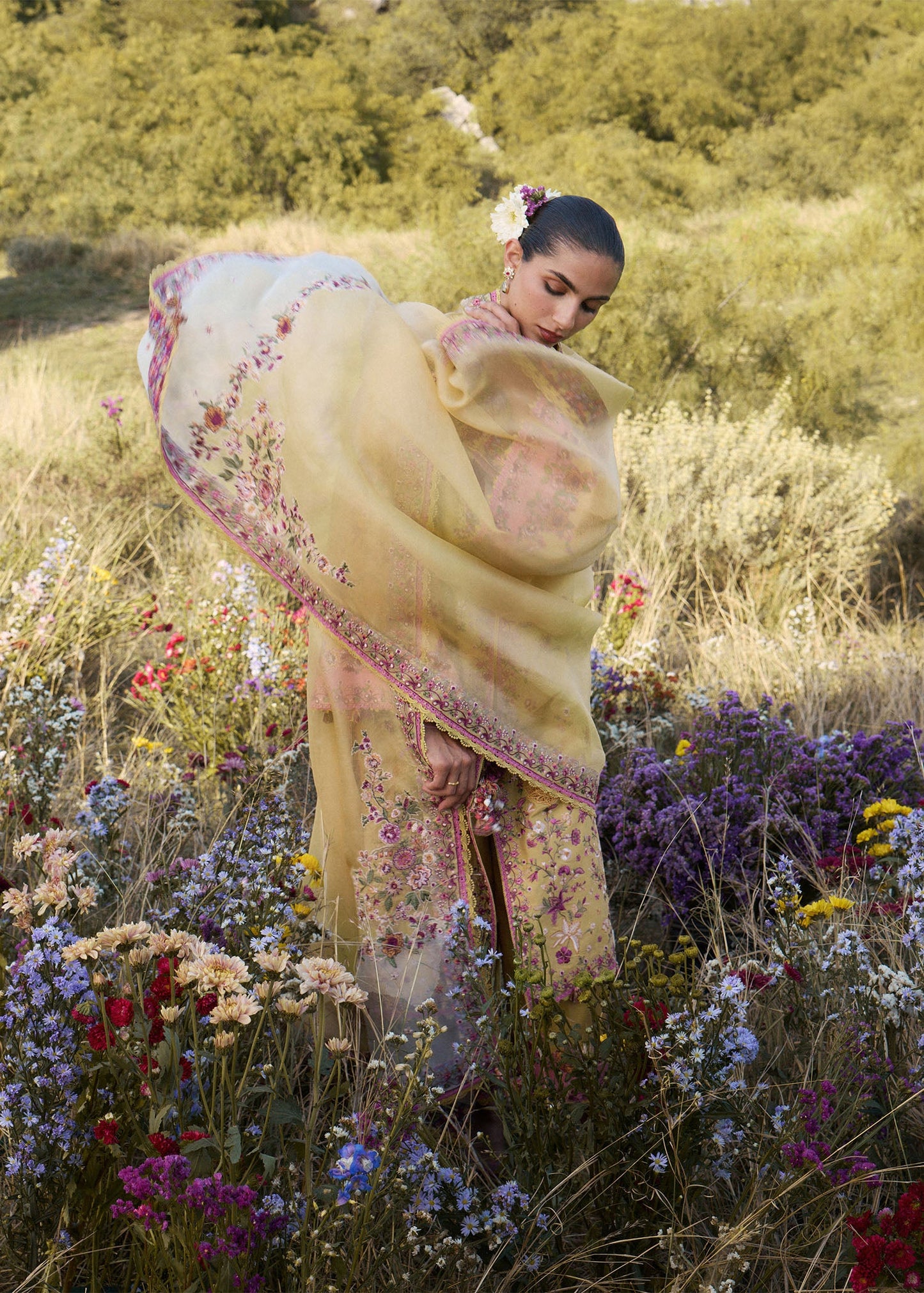 Hussain Rehar Sonal | Sunny Yellow Panelled Long Tunic Lawn Suit