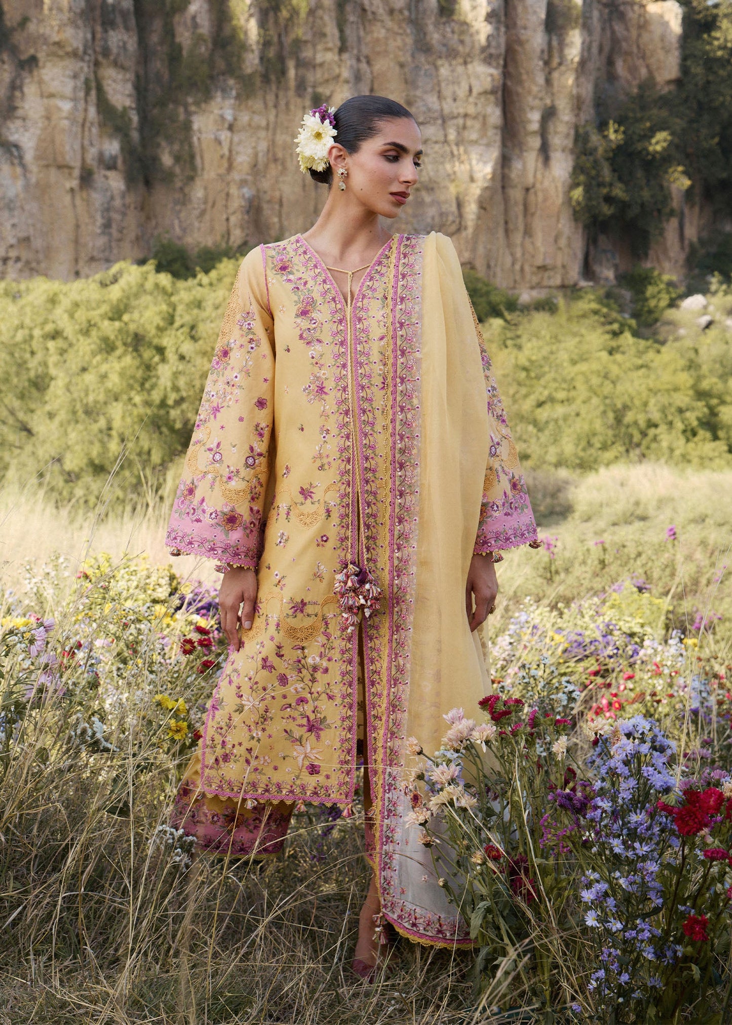 Hussain Rehar Sonal | Sunny Yellow Panelled Long Tunic Lawn Suit