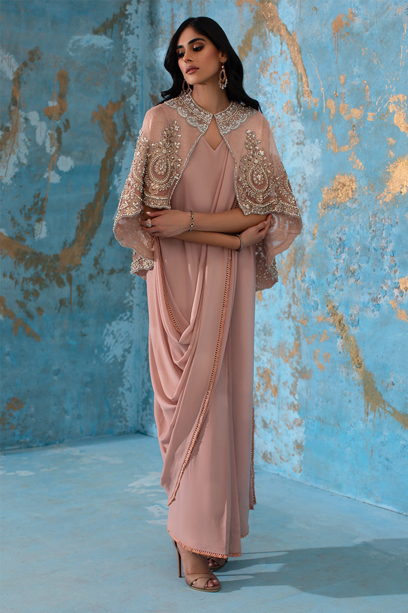 Wardha Saleem | Luxury Pret Fusion Wear | ROSALIE - FORMAL CAPE WITH DRAPE (2 PC) - House Of Anaya