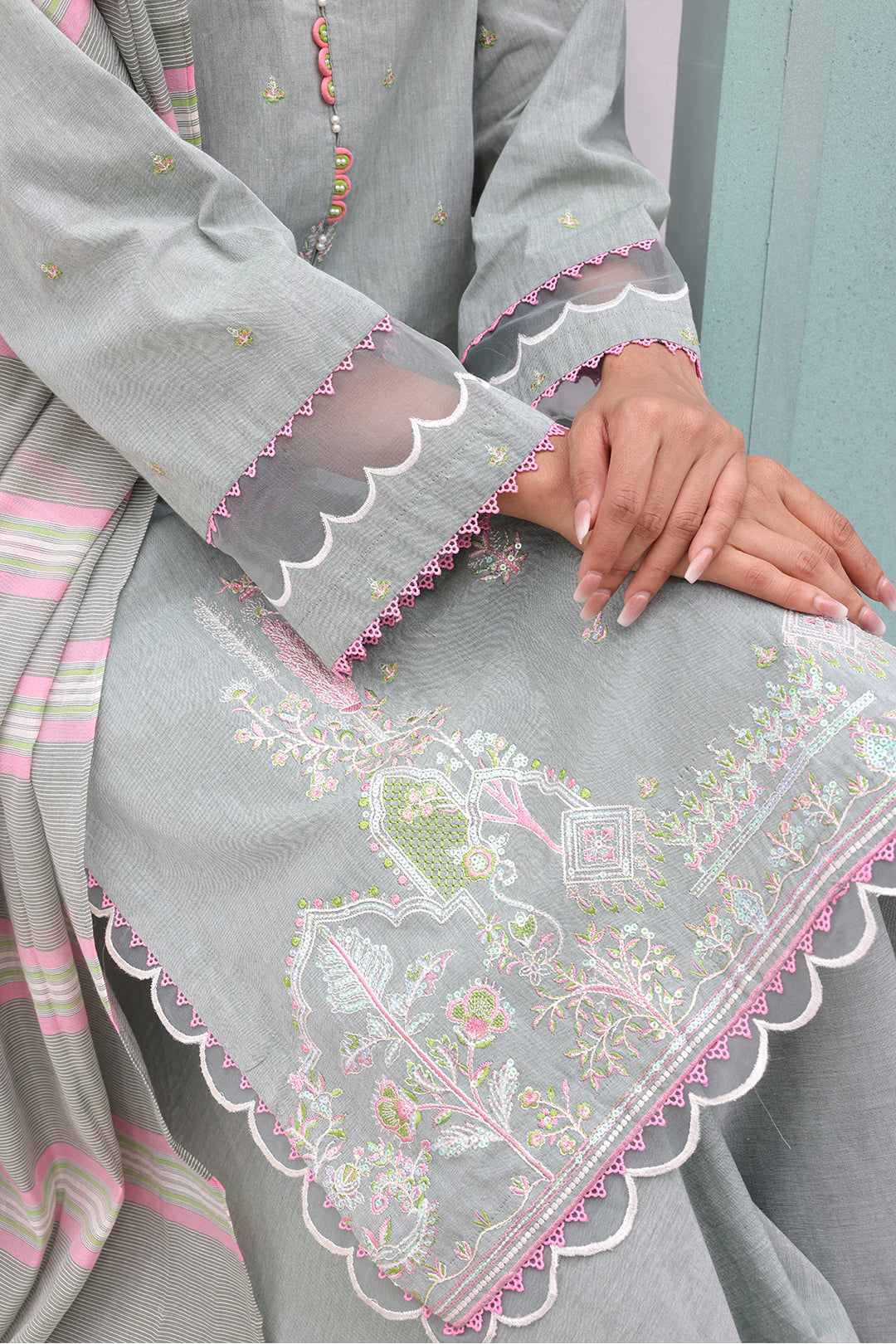 Zellbury | Unstitched 3 Piece Chambray | Embroidered Shirt Shalwar Dupatta - 0075 - Libasekhas