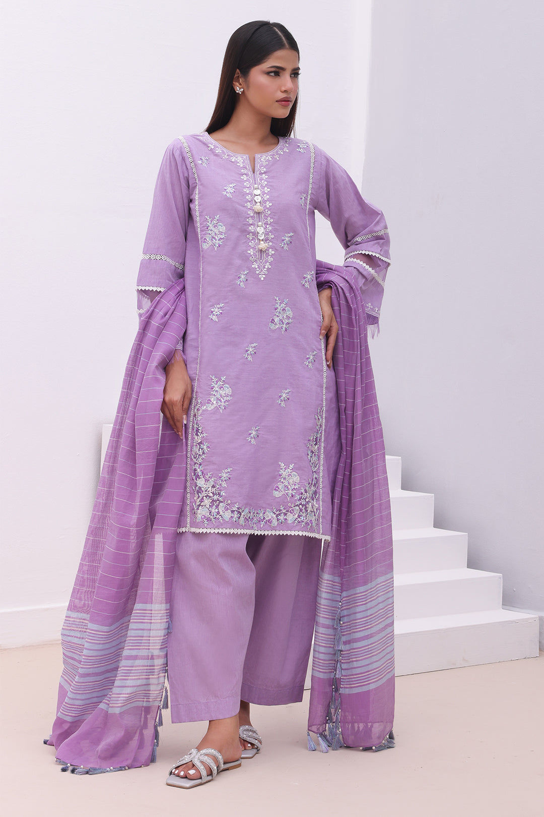 Zellbury | Unstitched 3 Piece Chambray | Embroidered Shirt Shalwar Dupatta - 0145 - Libasekhas